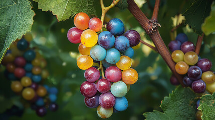 Multicolored Grapes on a Vine