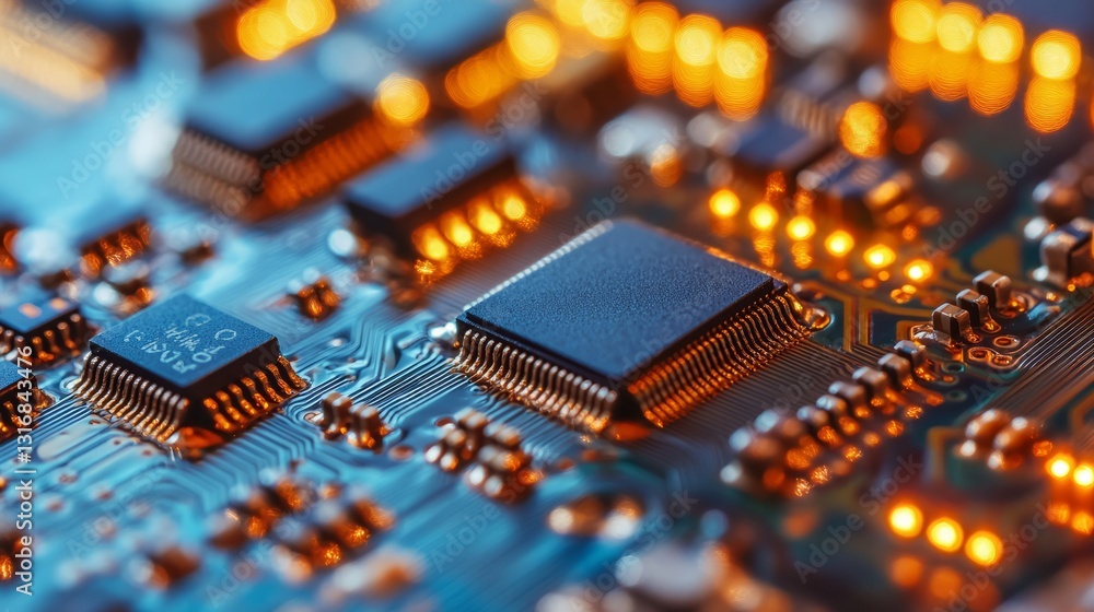 Poster close-up of a printed circuit board with intricate copper traces, fine details of microchips and com