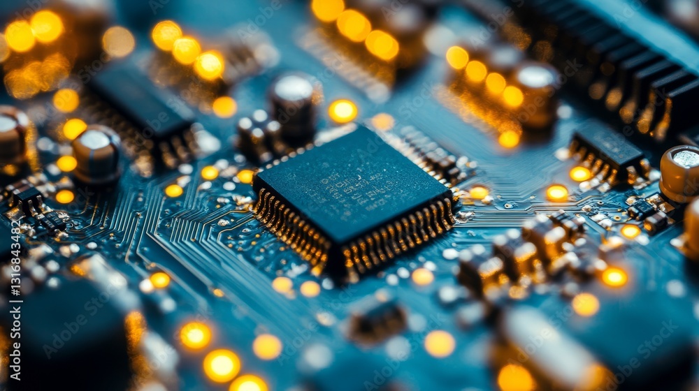 Poster close-up of a printed circuit board with intricate copper traces, fine details of microchips and com