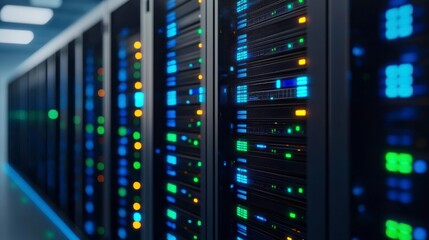 Naklejka premium Modern Server Room Filled with Glowing AI Technology and Lights