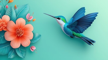 Obraz premium A delicate hummingbird hovering near a vibrant flower, capturing the intricate details of both the bird and the flora in stunning clarity.