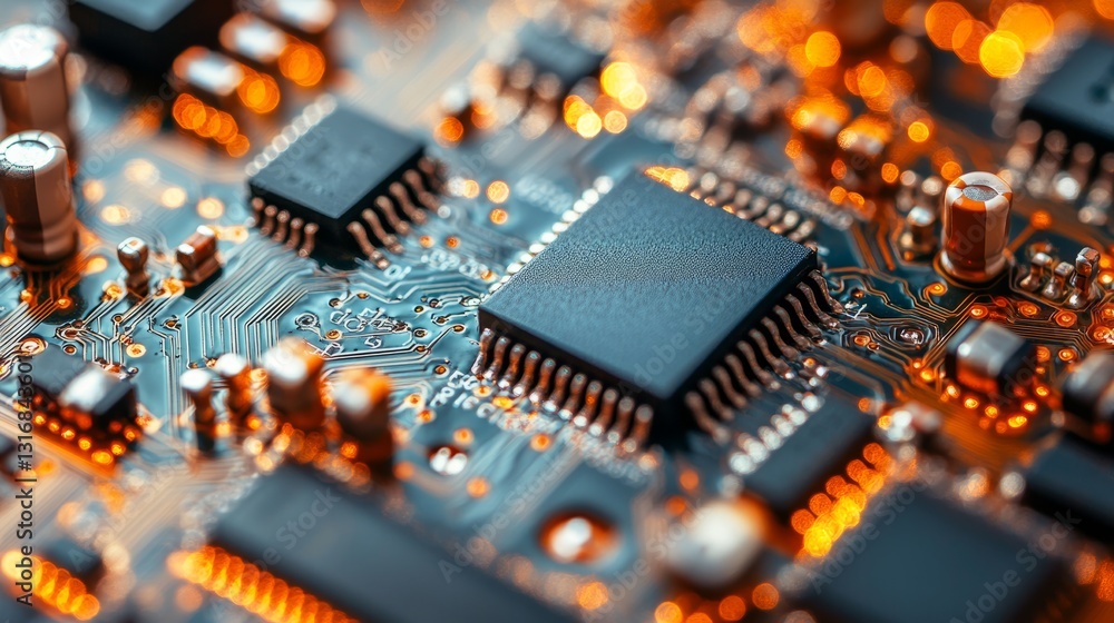 Poster close-up of a printed circuit board with intricate copper traces, fine details of microchips and com