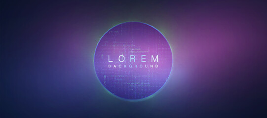 Minimalistic vector background with digital sphere and shining frame. Gradient purple and blue style with mesh effect and slight glow.