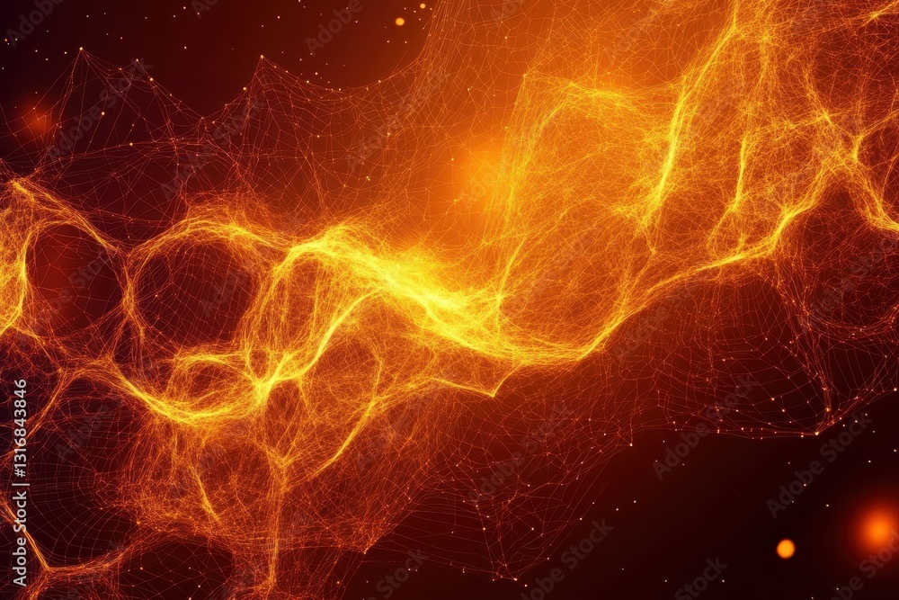 Poster abstract fiery orange digital mesh, glowing particles form flowing, dynamic shapes. perfect for tech