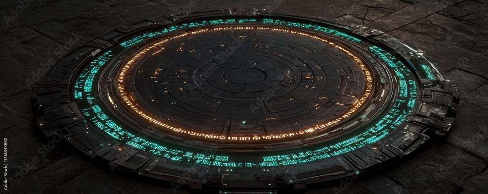 Poster a futuristic circular platform with glowing patterns, set against a textured surface, suggesting adv