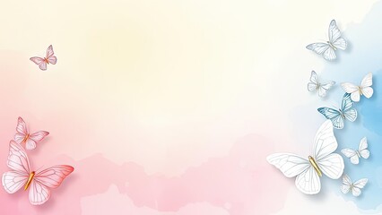 Fototapeta premium Pastel Watercolor Butterflies Background Spring Nature Soft Colors Feminine Delicate Pretty Floral