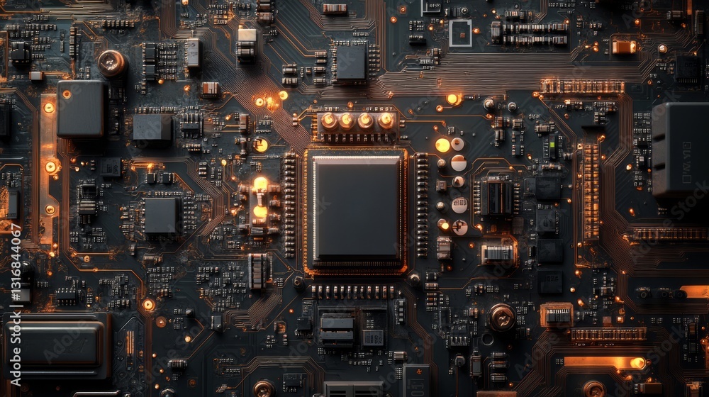 Aufkleber close-up of a printed circuit board with intricate copper traces, fine details of microchips and com