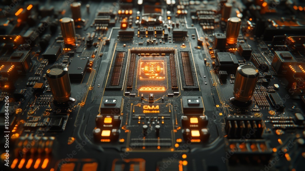 Poster close-up of a printed circuit board with intricate copper traces, fine details of microchips and com