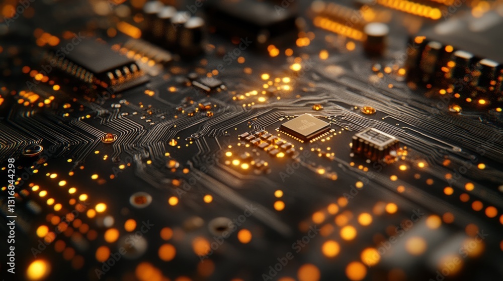 Aufkleber close-up of a printed circuit board with intricate copper traces, fine details of microchips and com