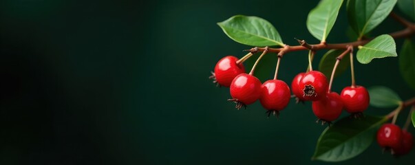 Obraz premium Hawthorn branch with berries on dark background, evergreen, foliage