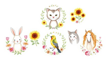 Naklejka premium Cute Animals Floral Wreath Watercolor Illustration Bunny Cat Bird Horse Sunflowers