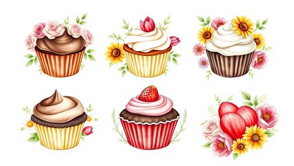 Delicious Cupcakes with Flowers Sweet Treats Bakery Dessert Food Illustration
