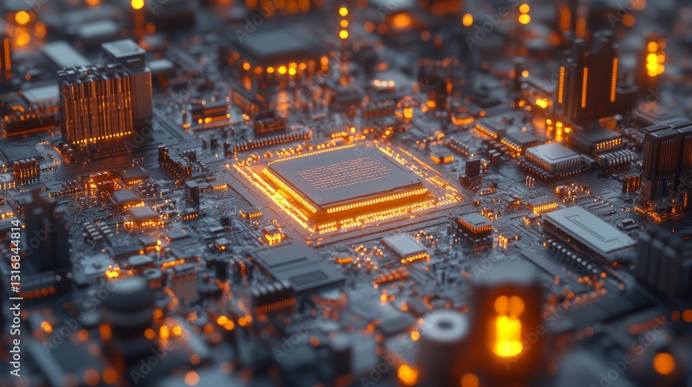 Poster close-up of a printed circuit board with intricate copper traces, fine details of microchips and com
