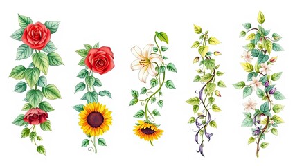 Vibrant Floral Vines Roses Sunflowers Lilies Botanical Design Elements
