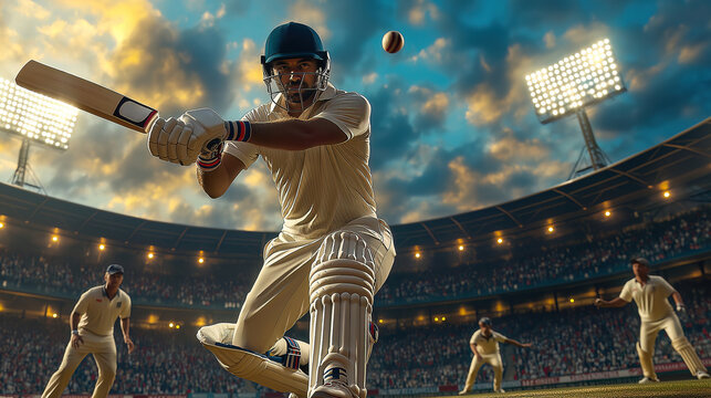 Professional cricket batsman in white uniform preparing to strike incoming ball under dramatic evening sky, stadium lights illuminating packed arena during high-stakes match.