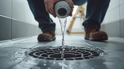 A plumber pouring water into a floor drain to maintain the water seal.