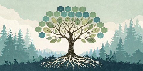 Stylized tree with intricate roots and hexagonal leaves, set against a misty forest background. A harmonious blend of nature and geometry, symbolizing growth, connection, and balance.