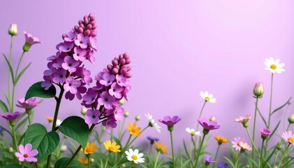 Obraz premium Lilac blooms on a light purple background amidst a garden of tall grasses and wildflowers, floral, nature