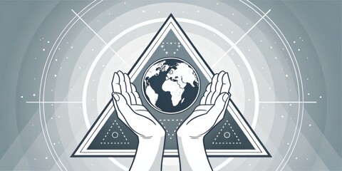 Symbolic monochrome illustration of hands holding the Earth, framed by a geometric triangle and cosmic elements, representing global unity and spiritual balance.