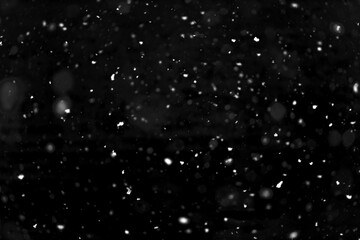Texture of natural falling snow on black background.