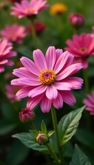 Obraz premium Pink aster in a garden among other colorful blooms, nature, pink, blooms