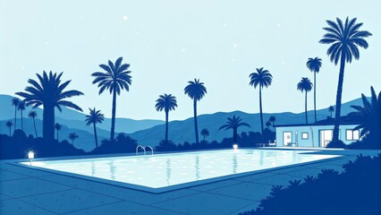 Obraz premium Serene Blue Twilight Poolside Minimalist House and Palm Trees