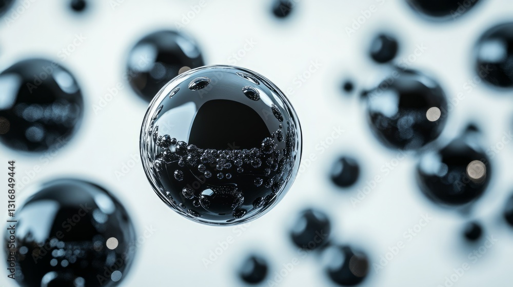 Poster floating black glass spheres with intricate reflections, creating a dynamic and abstract 3d product 