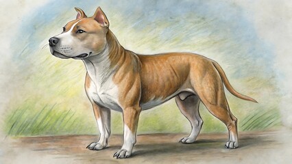 Realistic Drawing of a Strong and Loyal Pitbull Dog in Natural Landscape