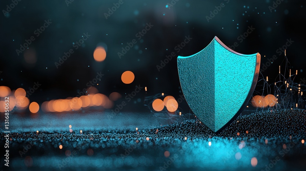 Poster a glowing blue shield icon with a metallic texture, casting a protective glow over a digital network