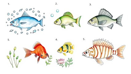 Naklejka premium Colorful Fish Illustrations Aquarium Ocean Underwater Marine Life Aquatic Animals Sea Creatures