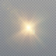 Abstract golden light effect with glare and particle explosion effect on transparent background. Vector 10 EPS