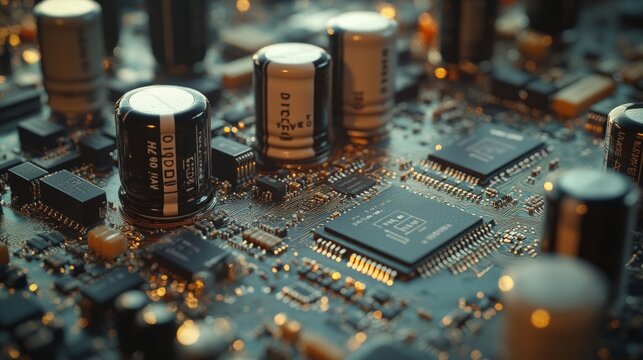 High-detail shot of a printed circuit board showing capacitors, microchips, and carefully etched copper traces under soft lighting 