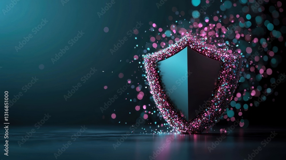 Aufkleber an abstract background with glowing particles forming a shield shape, conveying a sense of digital s
