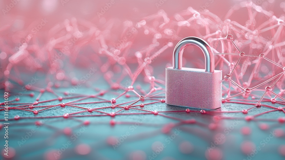 Poster a silver padlock with a closed shackle superimposed on a network of interconnected nodes and glowing