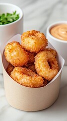 Elegant Basket of golden onion rings perfectly crispy served with spicy ketchup and ranch dip football themed table setup 