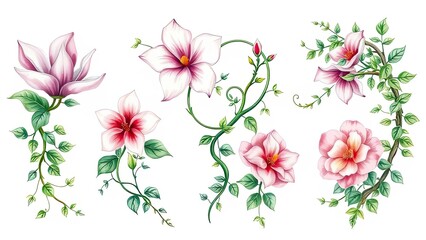 Fototapeta premium Elegant Floral Arrangements Magnolia Rose Hibiscus Blooms Vines