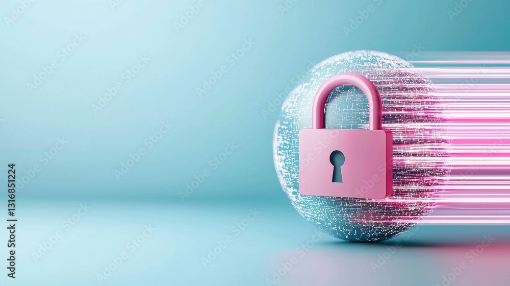 Poster a digital illustration of a padlock encircling a globe with data streams flowing around it, symboliz