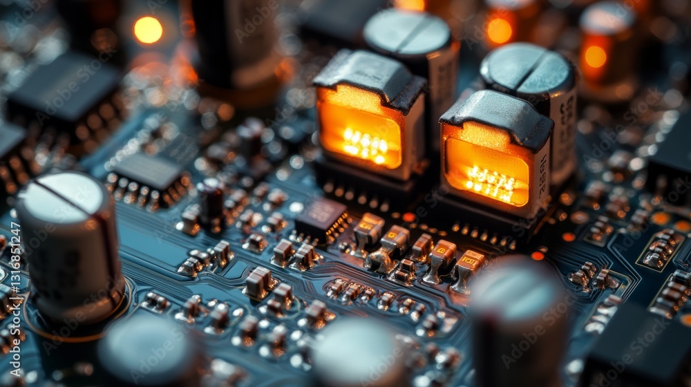 Poster high-resolution close-up of a circuit board with multi-layered structures, capacitors, and transisto