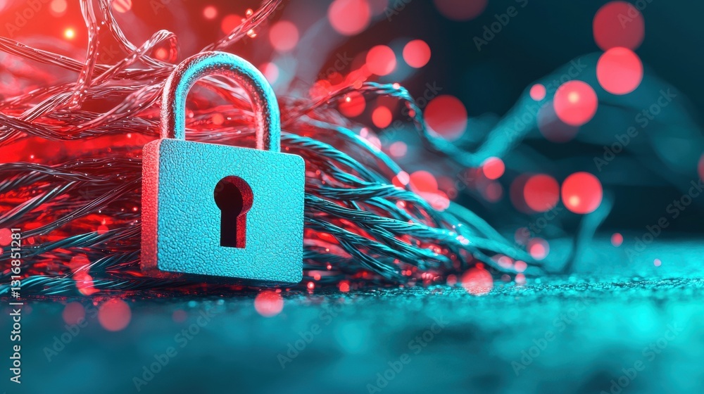 Poster a close up shot of a padlock with a keyhole connected to multiple network cables, signifying the imp