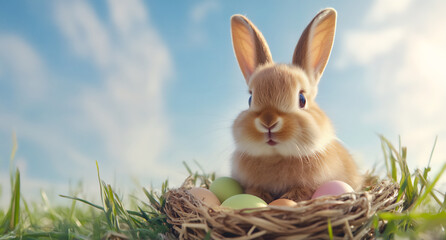 easter background with colorful eggs in a basket and a cute bunny on green