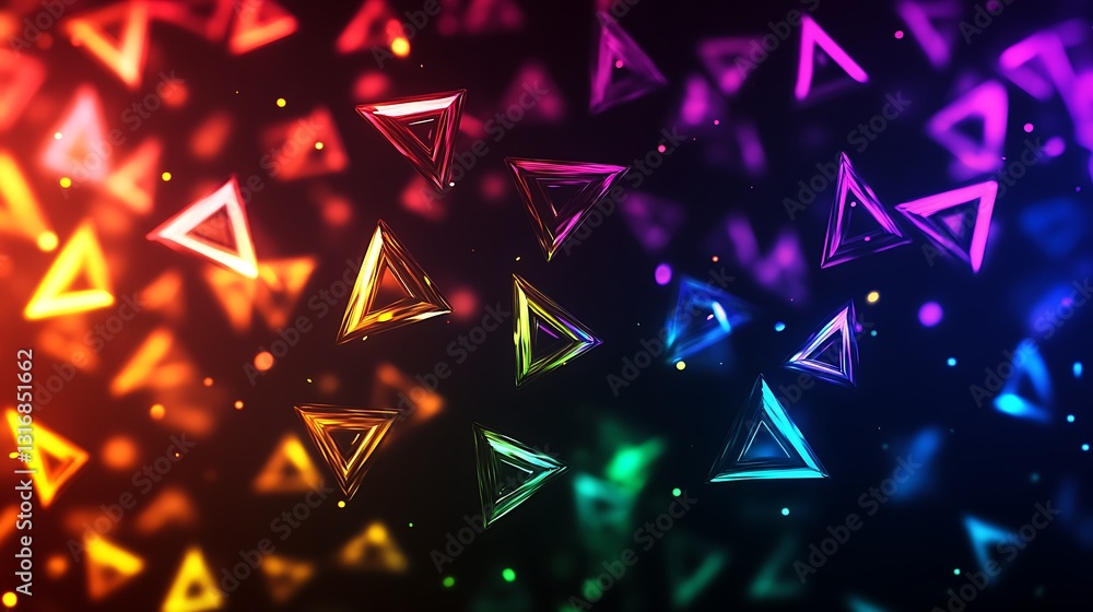 Poster abstract background with glowing colorful triangles.