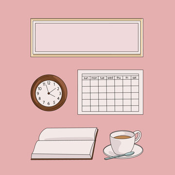 Home office Icon set with Calendar, Coffee and Clock