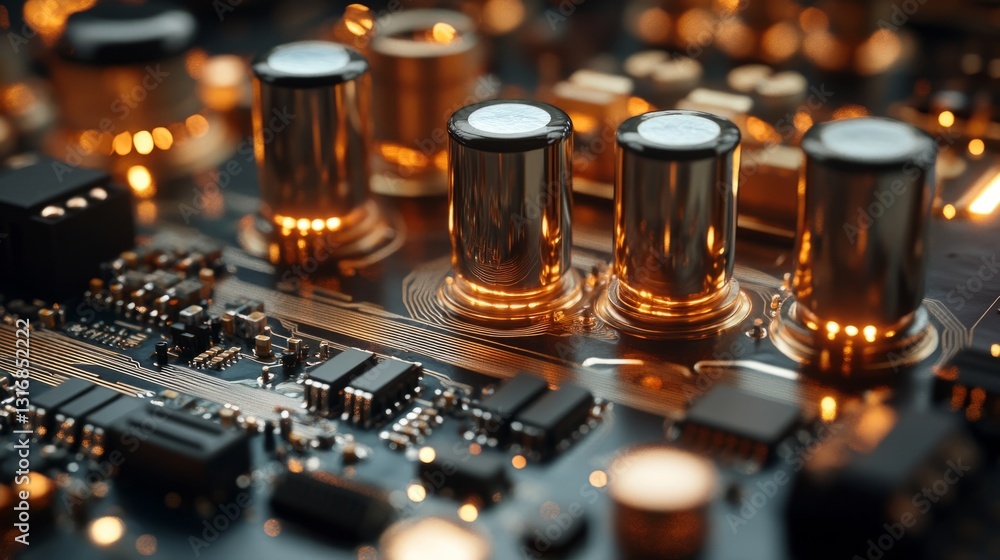 Poster macro shot of a printed circuit board with high-tech components, fine detail on the copper traces an