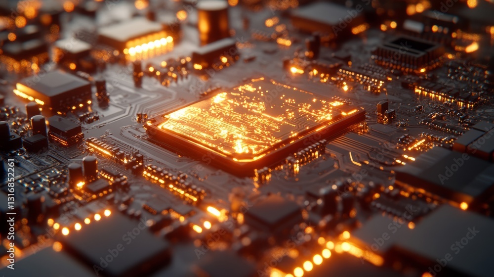 Poster macro shot of a printed circuit board with high-tech components, fine detail on the copper traces an