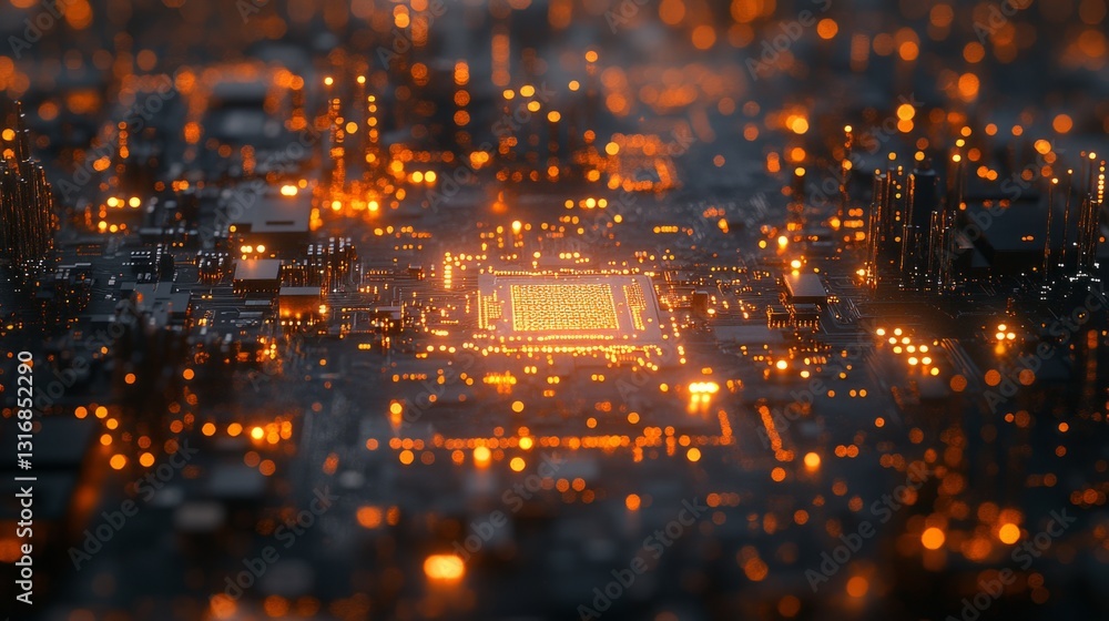 Aufkleber macro shot of a printed circuit board with high-tech components, fine detail on the copper traces an