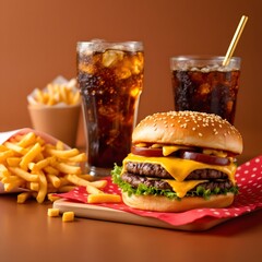 Delicious Double Cheeseburger Meal with Fries and Icy Cold Drinks Displayed