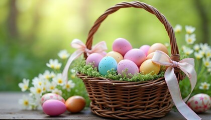 Naklejka premium Rustic wicker basket filled with hand-painted Easter eggs, tied with a pastel ribbon, placed on a wooden table with fresh spring flowers. Soft natural lighting enhances the festive charm. 
