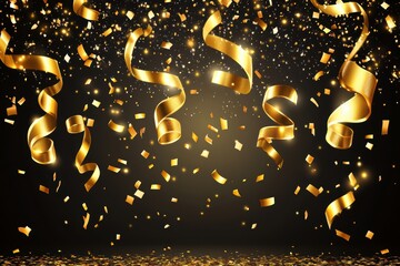 Golden confetti and ribbons swirl on black. Perfect for celebratory backgrounds, cards, or party invitations.