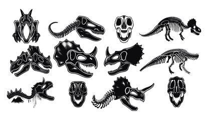 Reptor head, vector dinosaur skeleton linocut print set, tattoo dino skull, triceratops silhouette, woodcut, Jurassic reptile engraving sticker, prehistoric fossil icon © aura studio