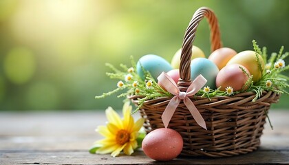 Rustic wicker basket filled with hand-painted Easter eggs, tied with a pastel ribbon, placed on a wooden table with fresh spring flowers. Soft natural lighting enhances the festive charm.
